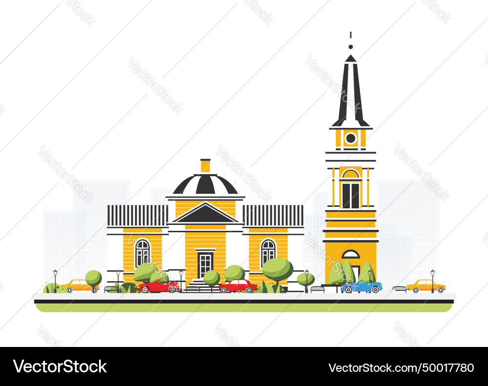 Altes Kirchengebäude im flachen Stil mit Bäumen Altes Kirchengebäude im flachen Stil mit Bäumen vektorbild