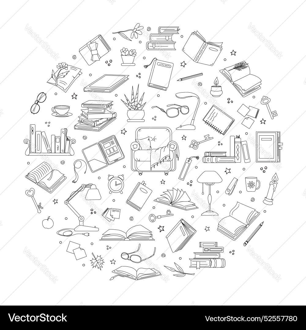 Objects on reading topic in round composition Vector Image