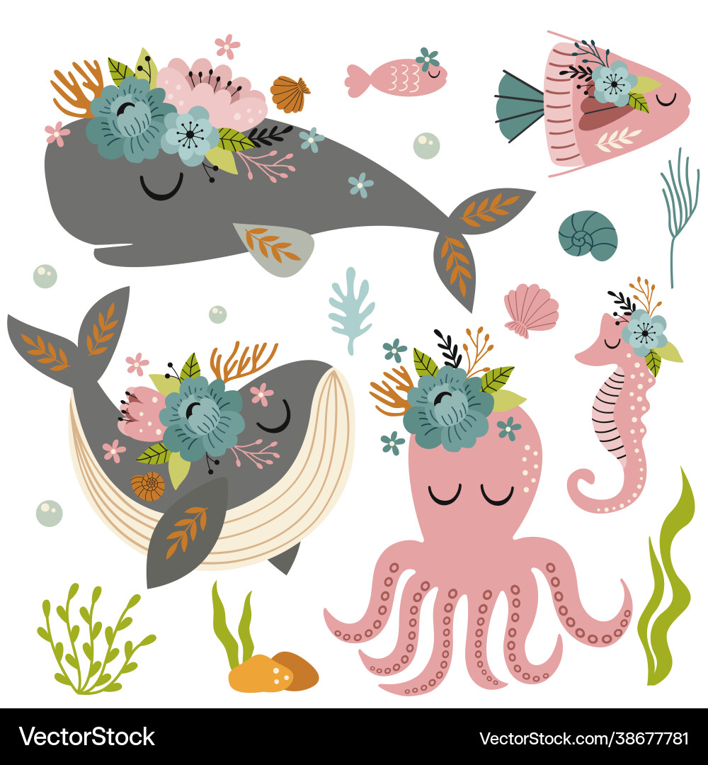 Set isolated beautiful sea animals with flowers Vector Image