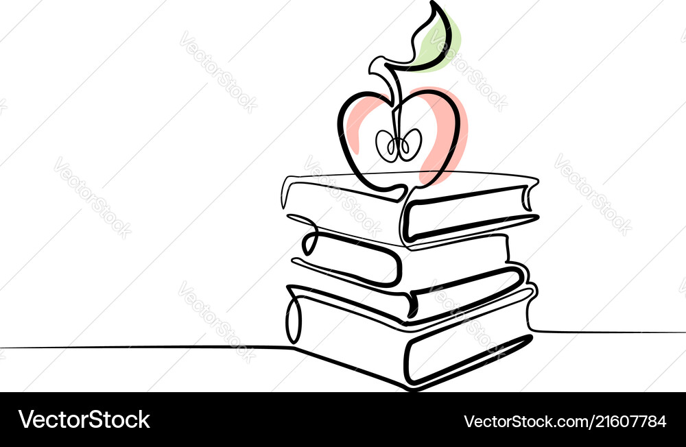 Continuous line drawing stack of books with apple Continuous line drawing stack of books with apple vector image