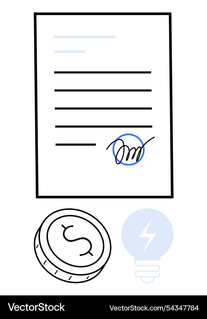 Contract document with signature coin symbolizing Contract document with signature coin symbolizing Vector Image