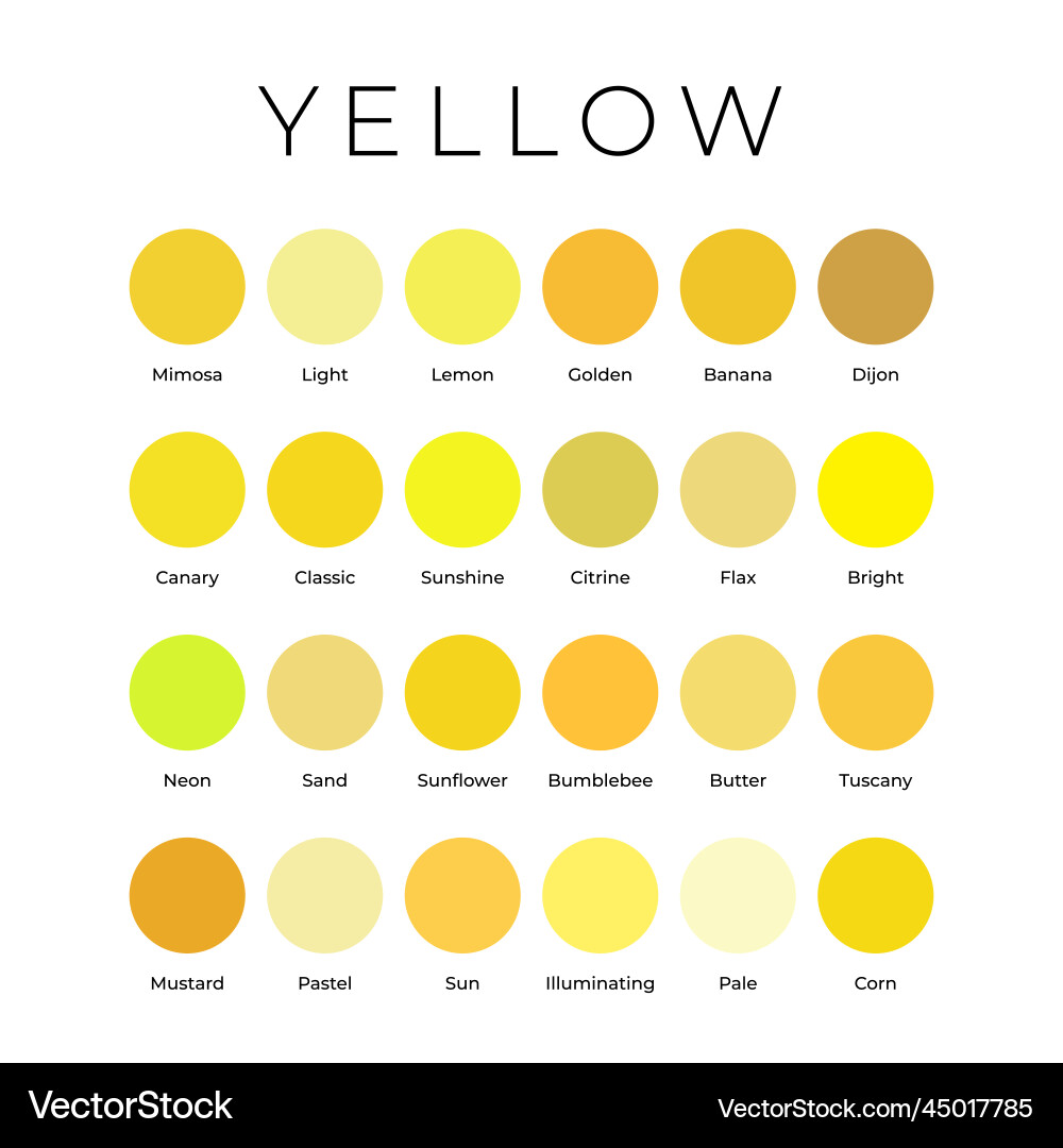 Yellow color shades swatches palette with names vector image