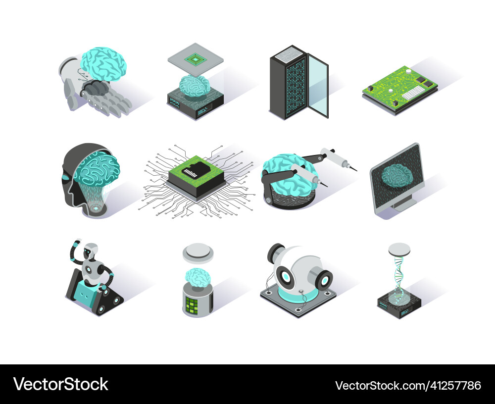 Artificial intelligence isometric icons set deep Artificial intelligence isometric icons set deep Vector Image