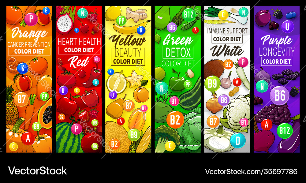 Farbe Diät mit Obst Gemüse und Nüsse Banner Farbe Diät mit Obst Gemüse und Nüsse Banner vektorbild