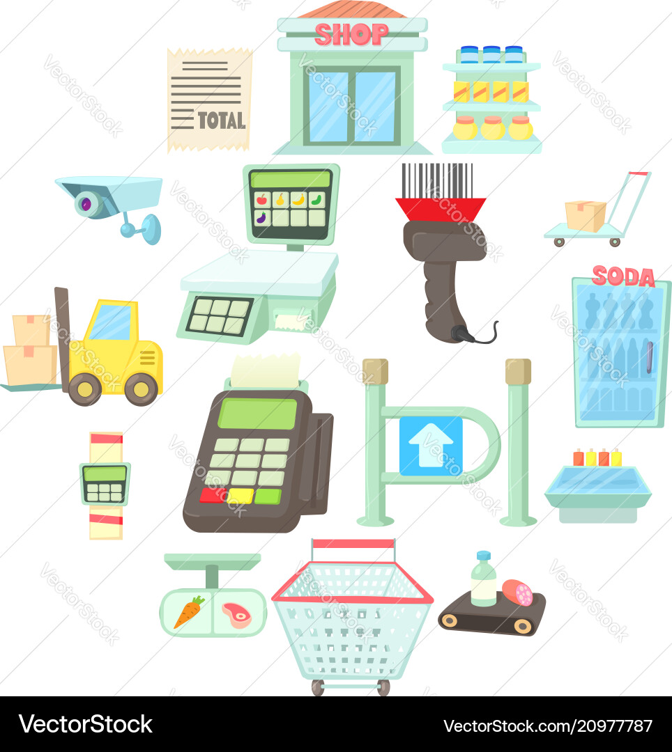 Supermarket items icons set cartoon style Supermarket items icons set cartoon style vector image