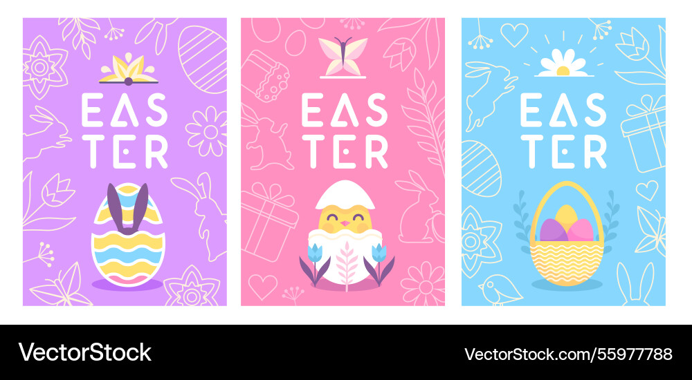 Set of holiday easter flat party posters with eggs Set of holiday easter flat party posters with eggs vector image