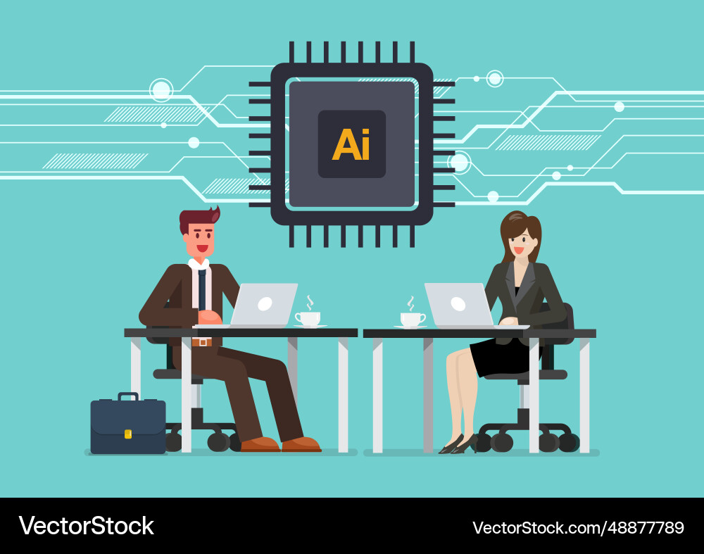 Businessman and woman are working on a laptop Businessman and woman are working on a laptop vector image