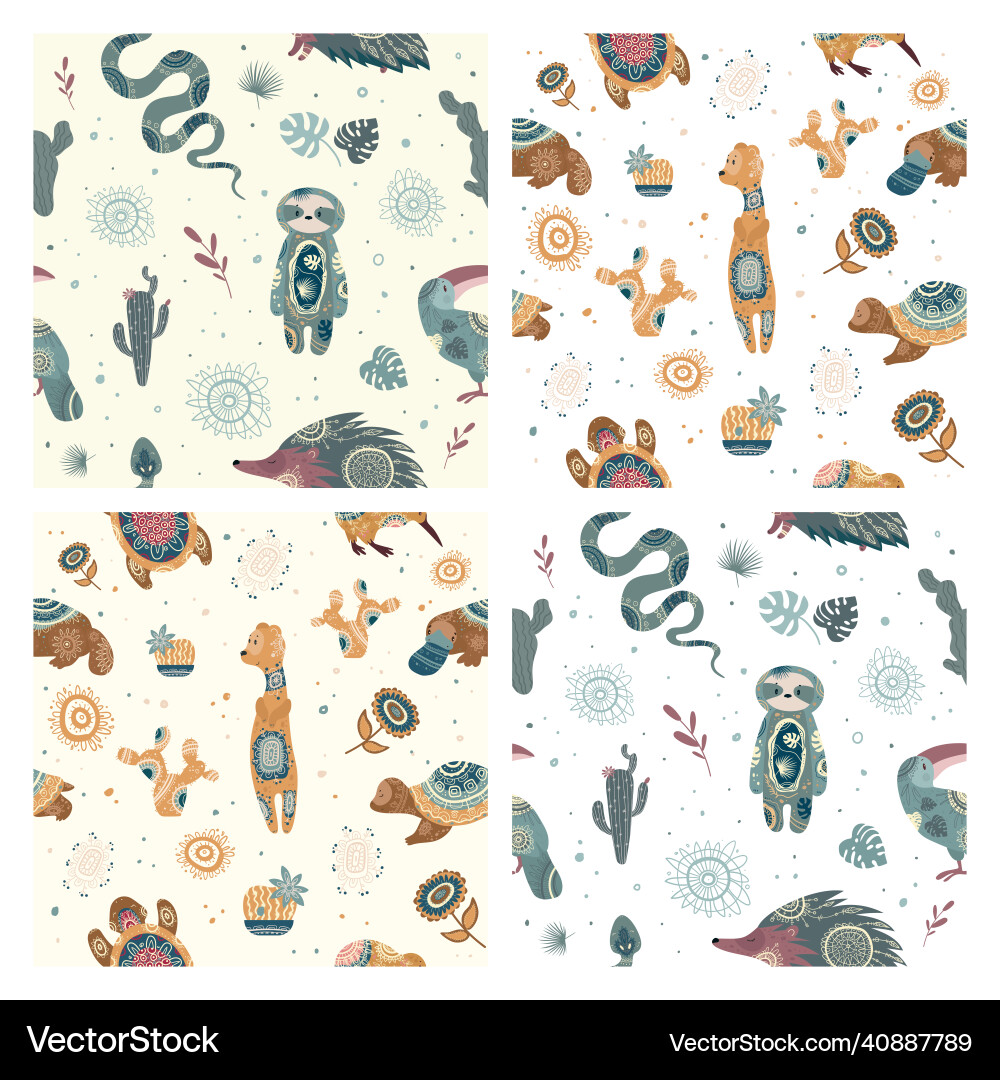 Seamless patterns with animals in boho style Seamless patterns with animals in boho style vector image