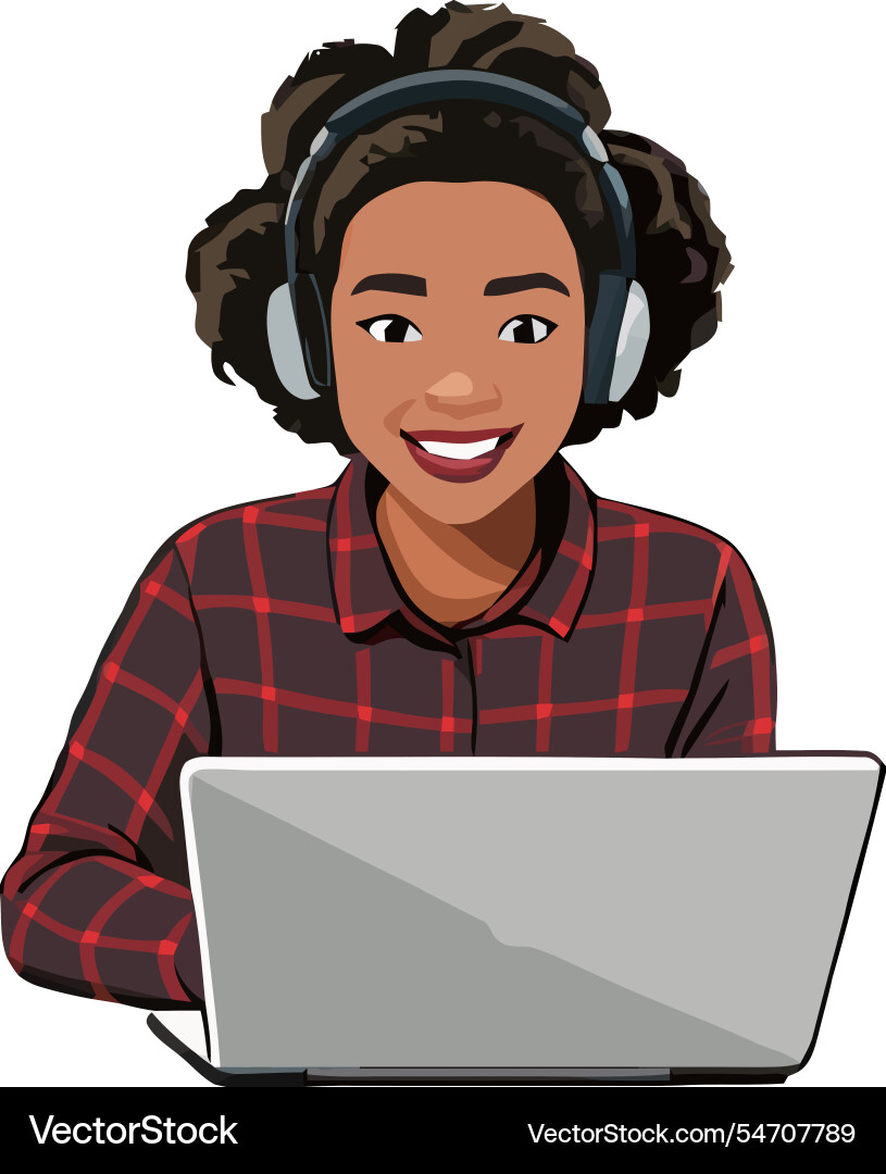 Smiling programmer working with laptop Vector Image