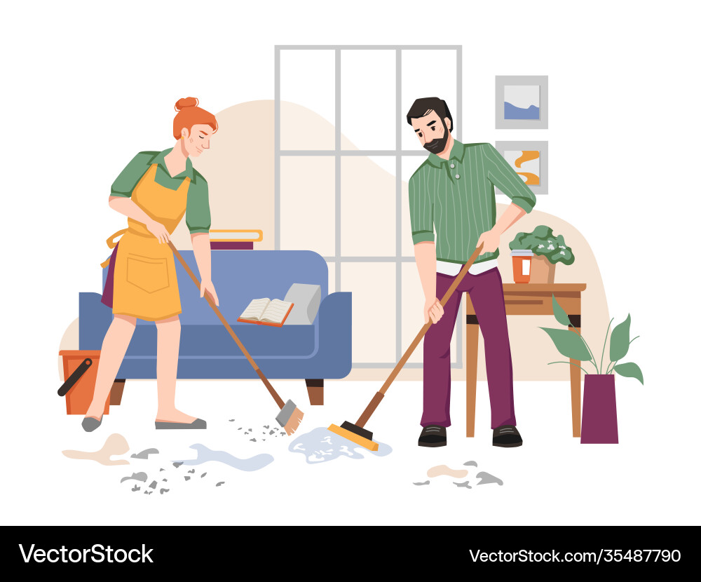 Housework couple sweeping cleaning floor in room Housework couple sweeping cleaning floor in room vector image