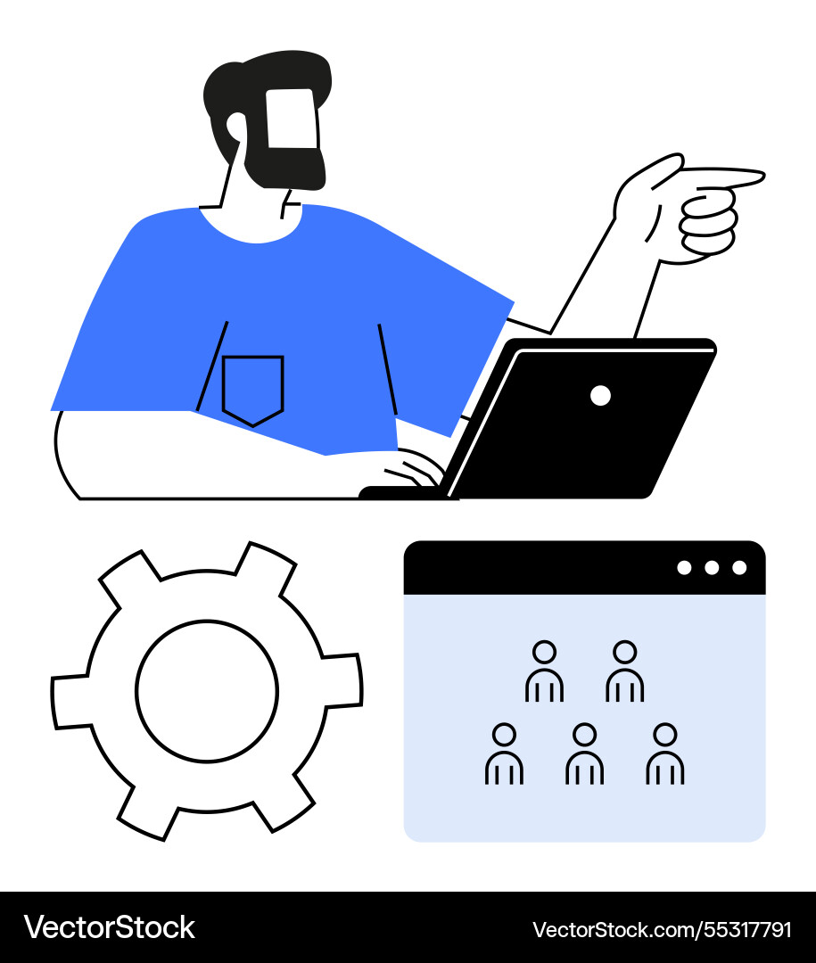 Man at laptop gesturing browser with user icons Man at laptop gesturing browser with user icons vector image