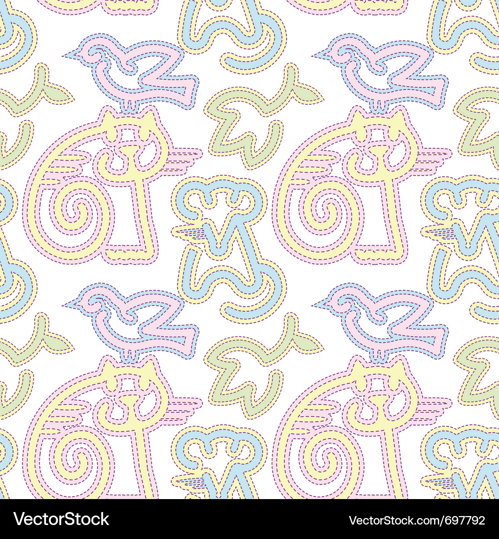 Embroidered cat bird and mouse pattern Vector Image