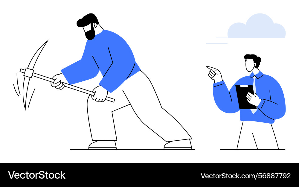 Worker mining with pickaxe while manager Worker mining with pickaxe while manager vector image