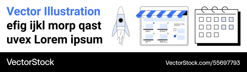 Icon set with rocket website calendar and text Vector Image
