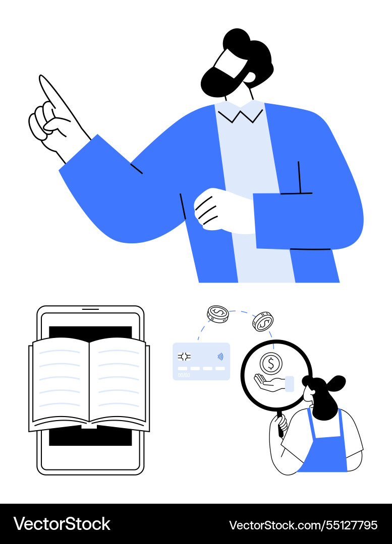 Man gesturing with pointing finger digital book Man gesturing with pointing finger digital book vector image