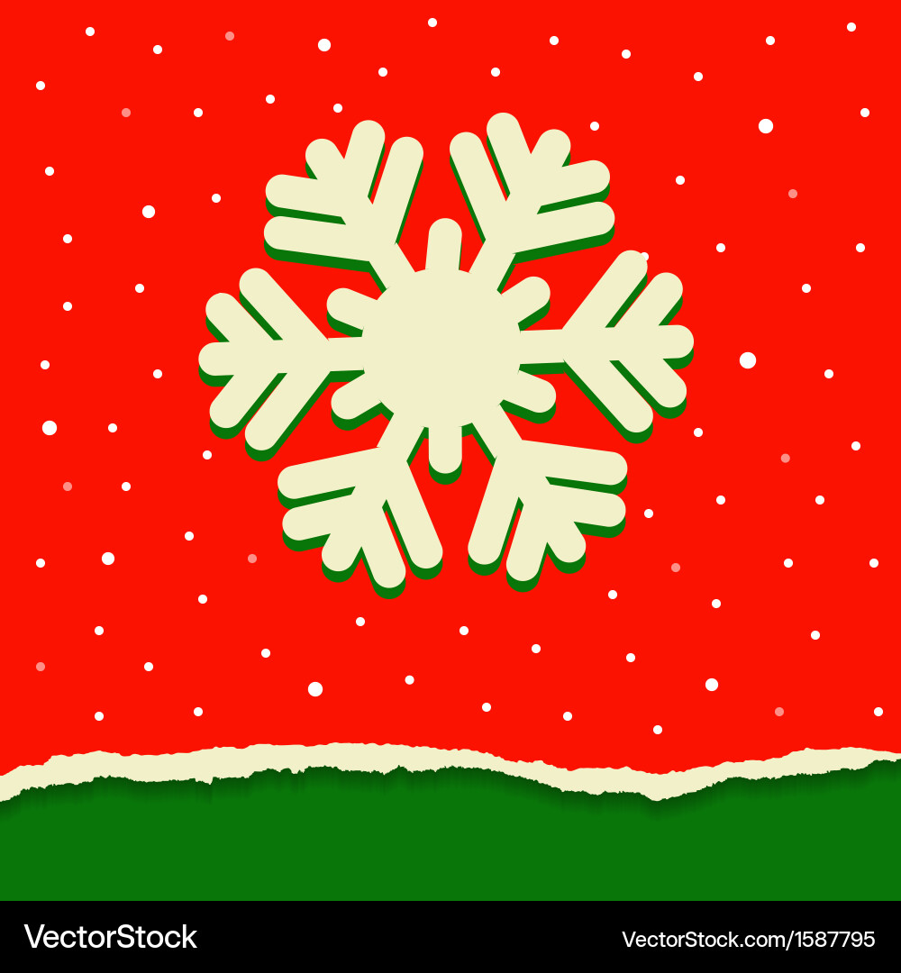 Red and green torn paper background with snowflake vector image