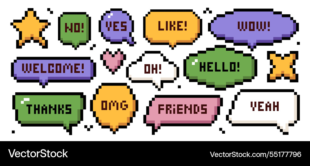 Speech bubbles with words text pixel art 8 bits Speech bubbles with words text pixel art 8 bits vector image