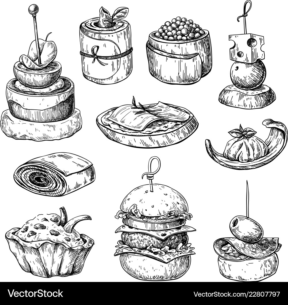 Finger food drawings appetizer vector image