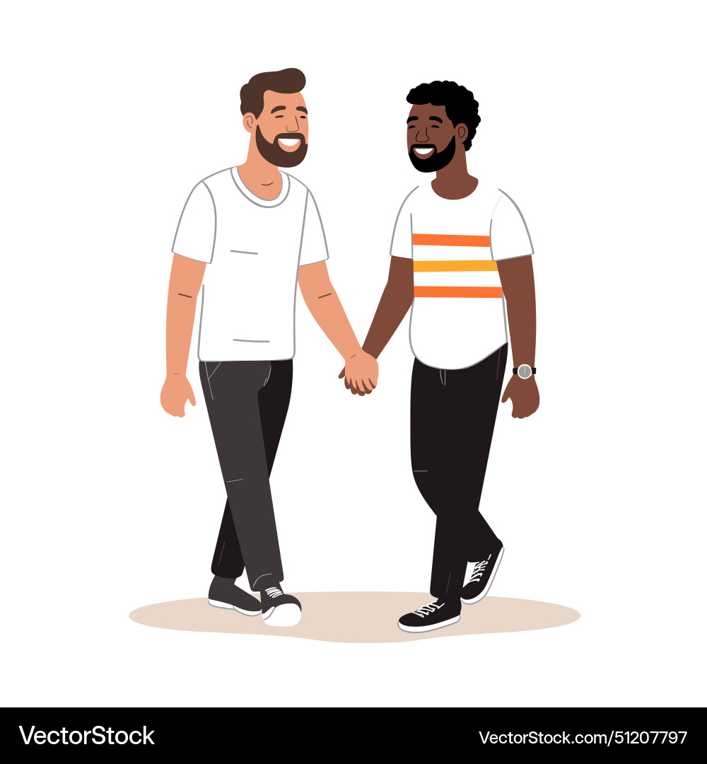 Two men holding hands walking together smiling Vector Image