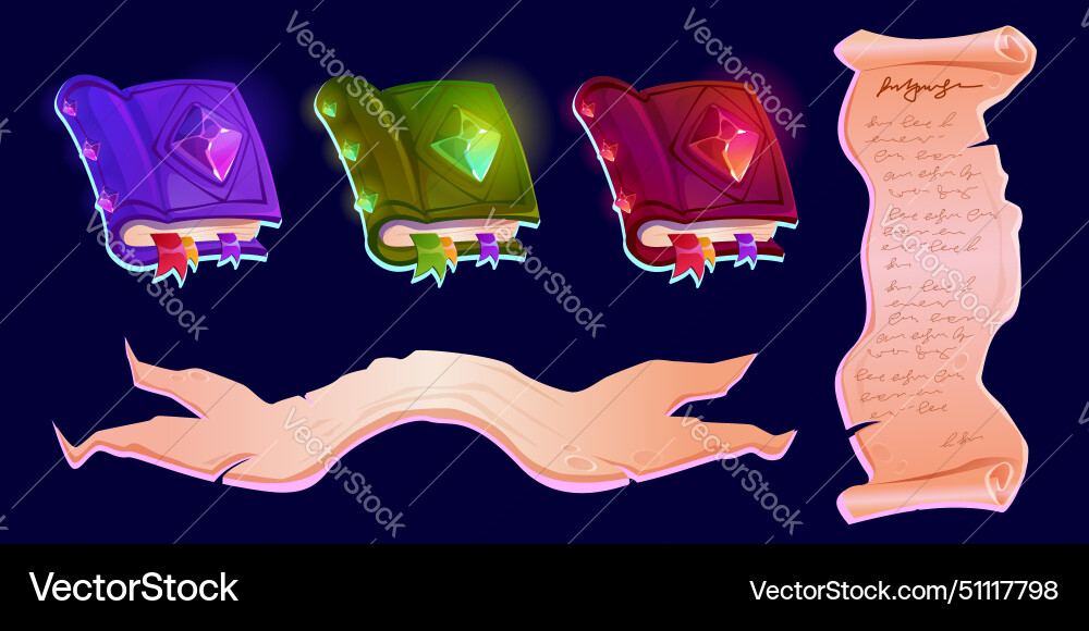 Old magic book and parchment scroll icon for game Old magic book and parchment scroll icon for game vector image