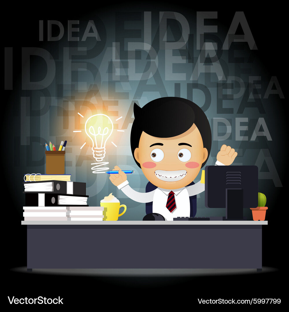 Businessman working on computer with idea bulb Vector Image