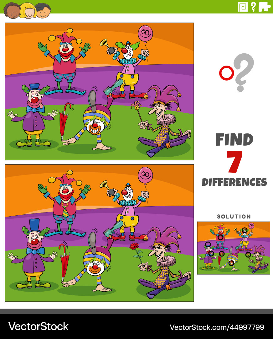 Differences task with cartoon clowns characters Differences task with cartoon clowns characters vector image