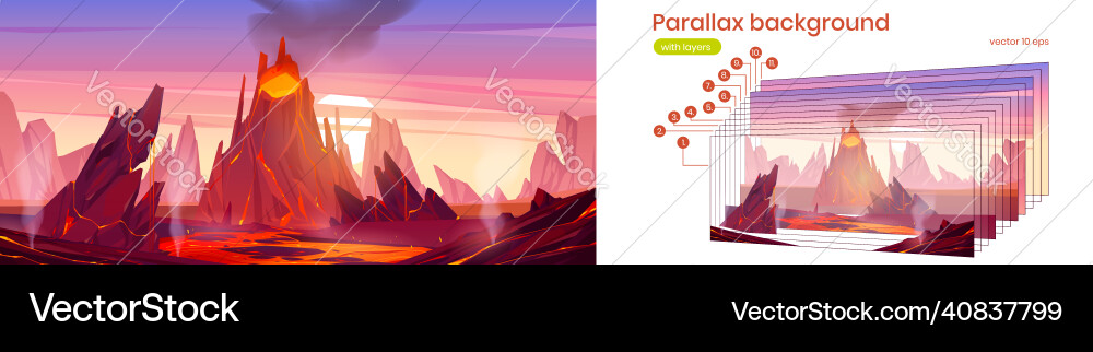 Parallax background with volcanic eruption vector image