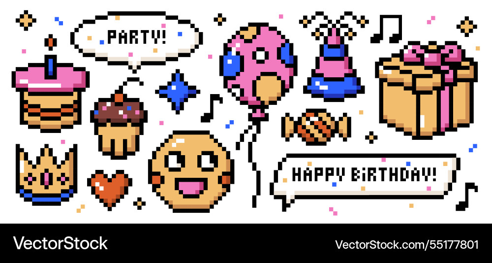 8 bits pixel art happy birthday party anniversary 8 bits pixel art happy birthday party anniversary vector image