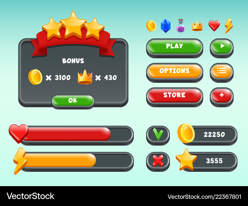 Games gui set mobile gaming user interface icons Games gui set mobile gaming user interface icons vector image