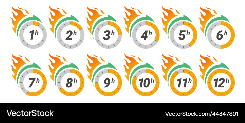 Hours timer deadline countdown fire flame icon set Hours timer deadline countdown fire flame icon set vector image