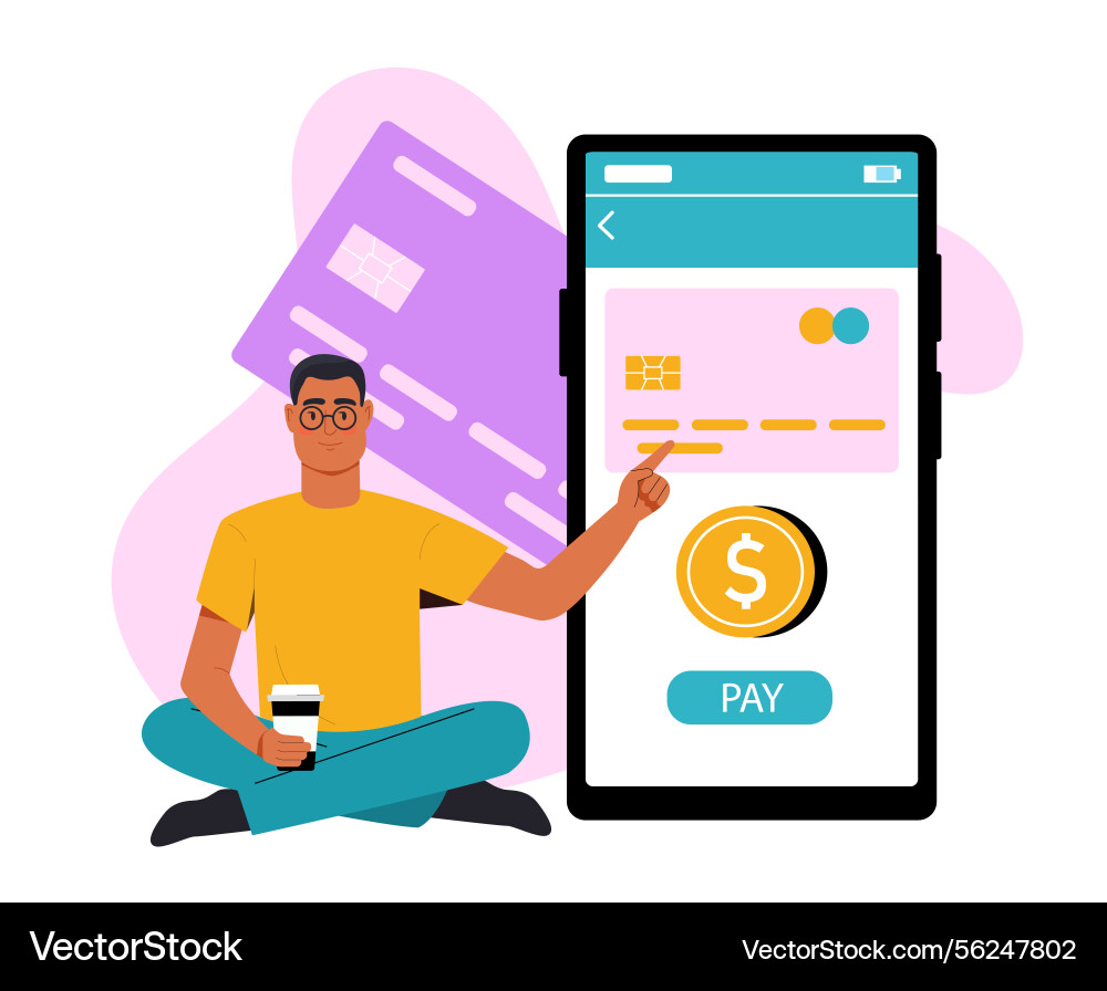 Man using mobile payment app screen Man using mobile payment app screen Vector Image