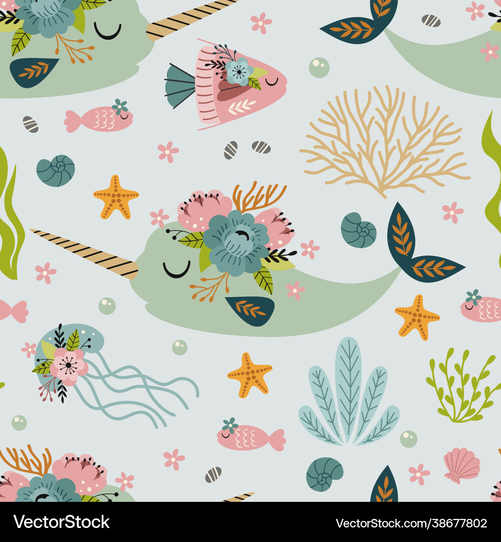Narwhal Jellyfish & Fish Pattern vector image