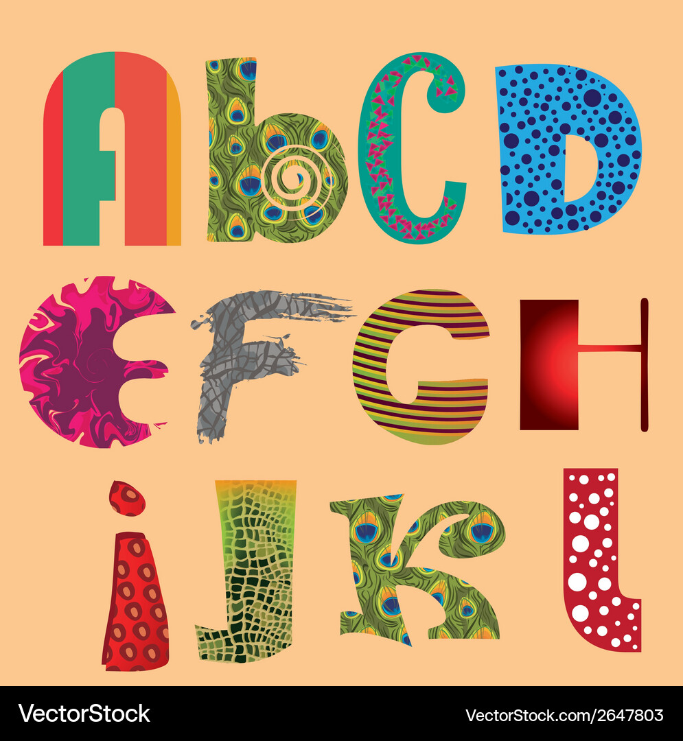 Twelve colored letters with different styles Vector Image