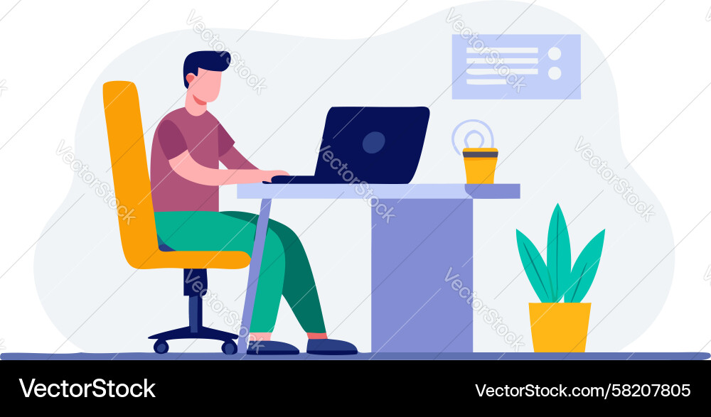 Man Working on Computer - Office Setup Vector Image