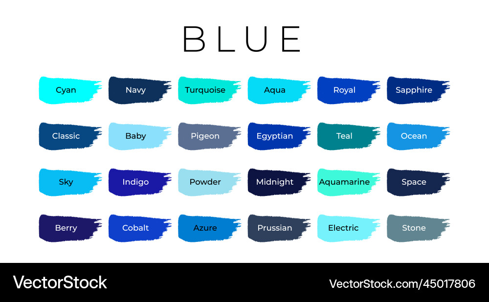 Blue paint color swatches with shade names vector image