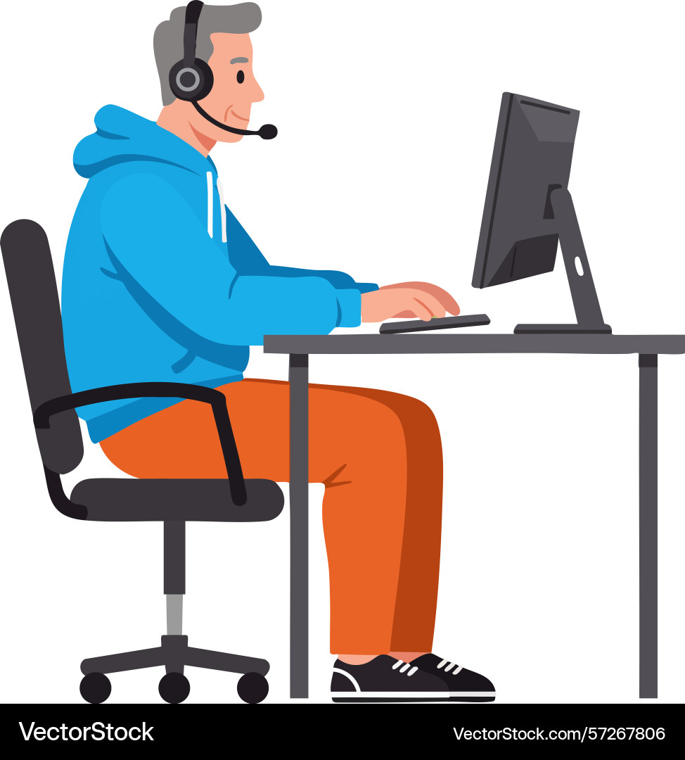 Man wearing headset working on computer at desk Man wearing headset working on computer at desk vector image