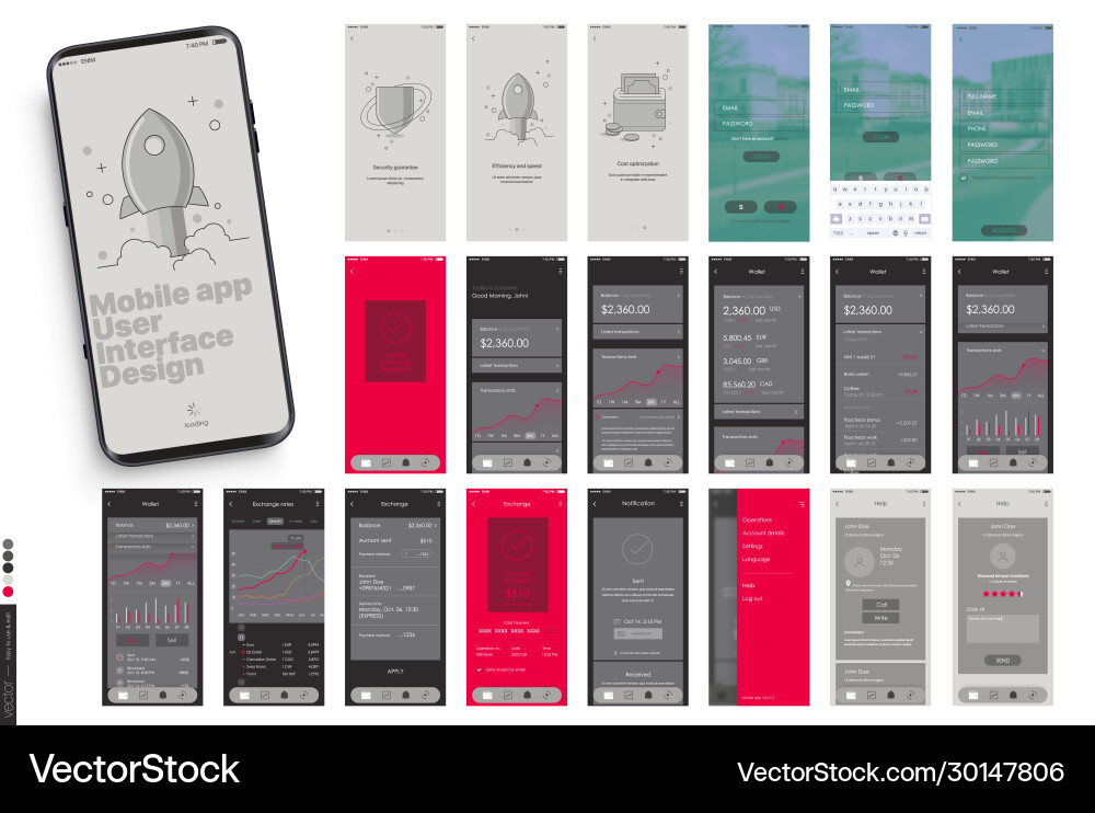 Mobile app design ui ux a set graphic Mobile app design ui ux a set graphic vector image