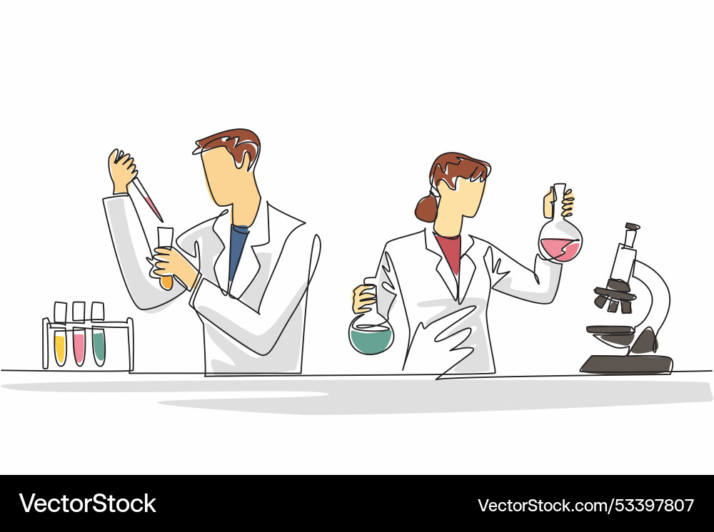 Single continuous line drawing scientists work Single continuous line drawing scientists work vector image