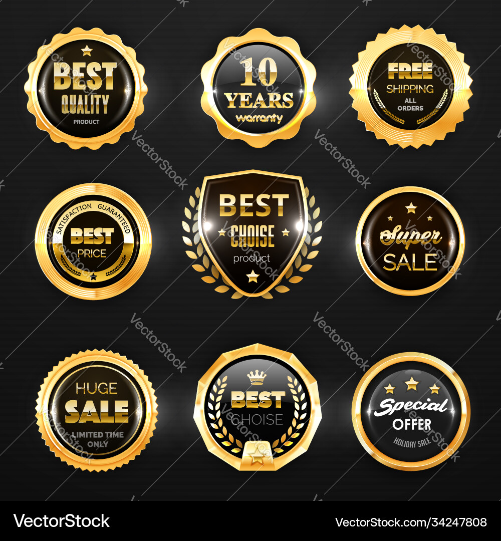 Gold badge label and stamp seal 3d icons Gold badge label and stamp seal 3d icons vector image