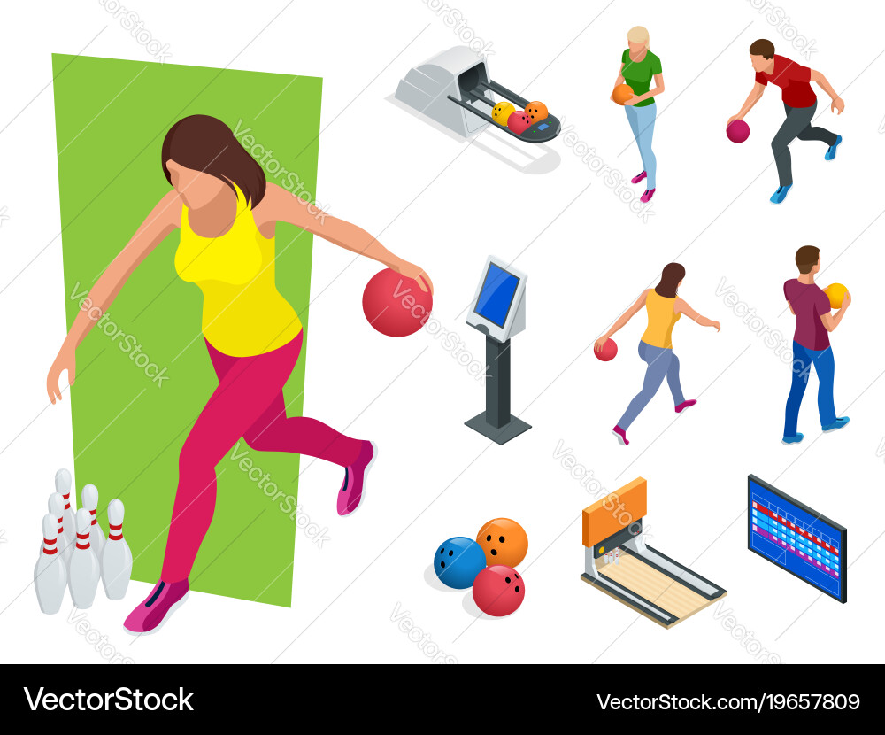 Isometric bowling realistic icons set with game vector image