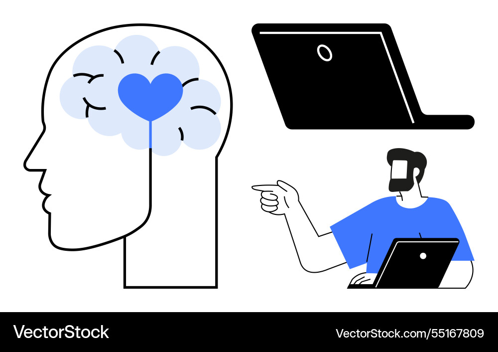 Man pointing appealing to heart within brain Man pointing appealing to heart within brain vector image