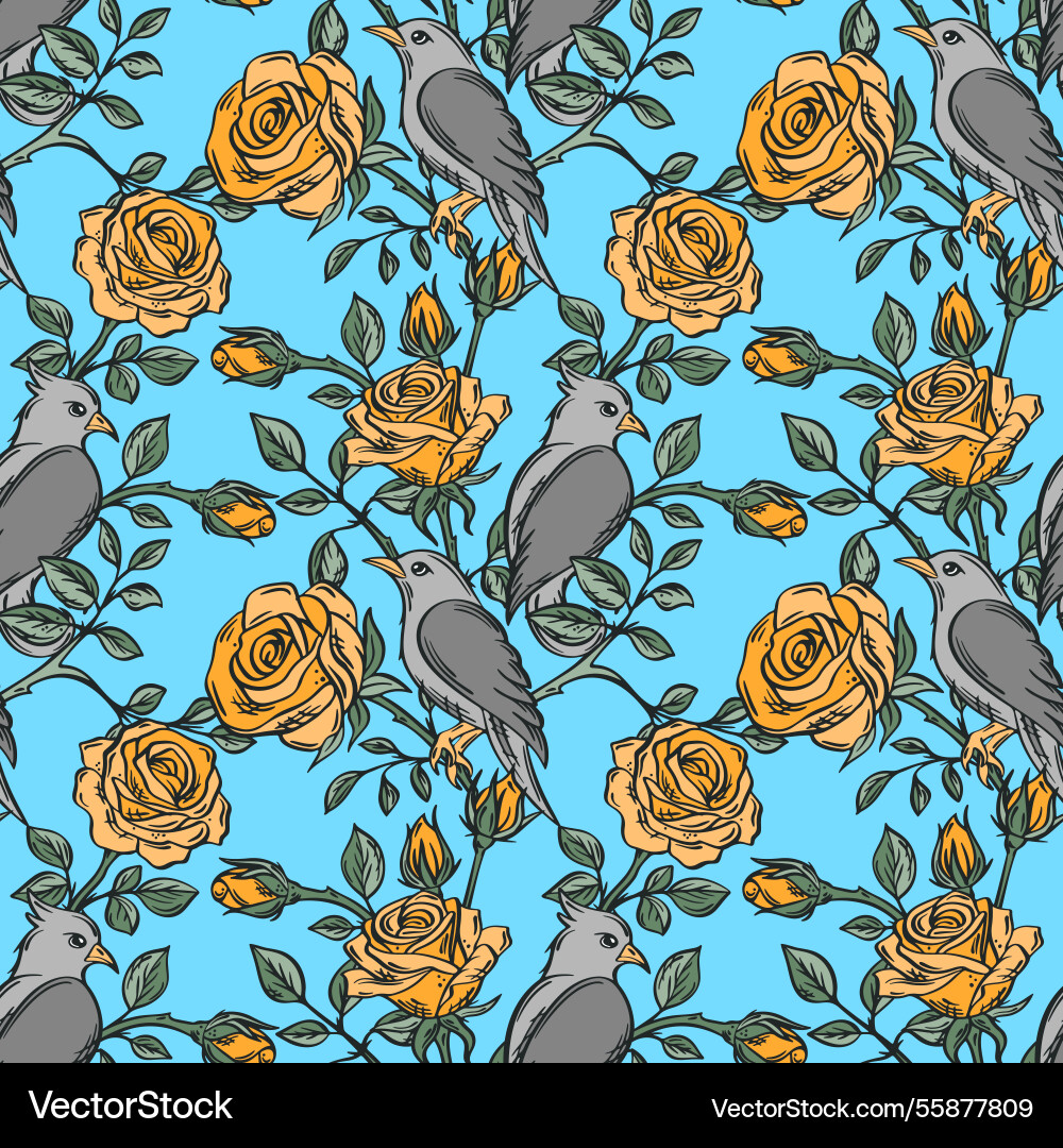 Roses and birds seamless pattern background Vector Image