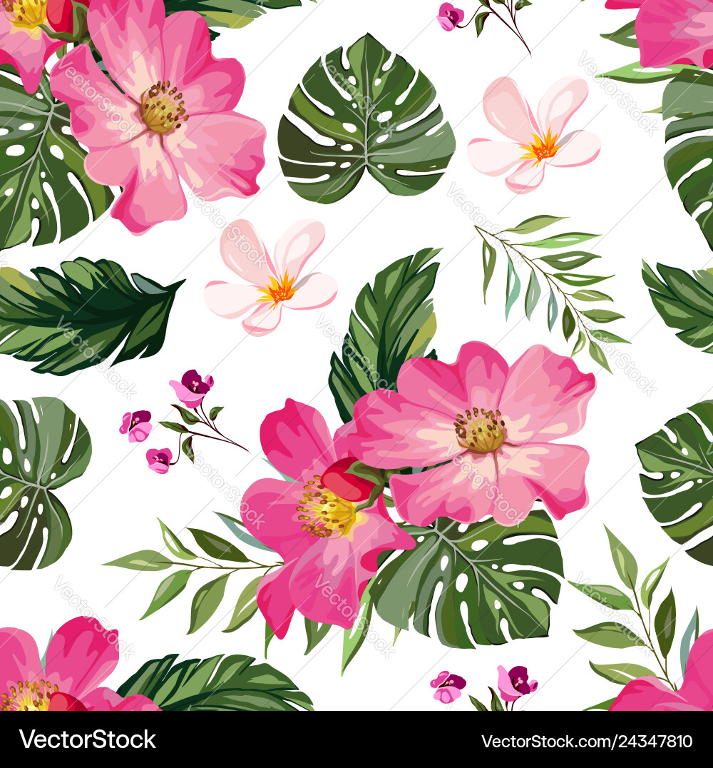 Tropical Flowers and Leaves Pattern vector image