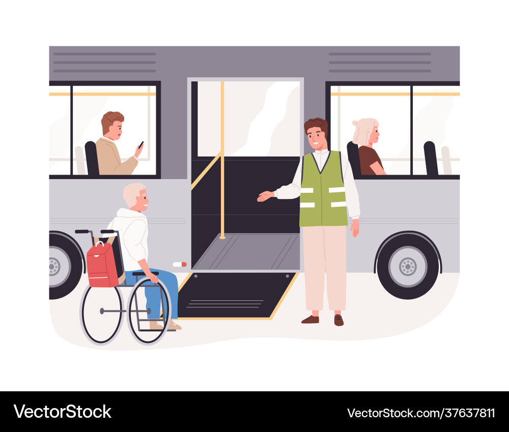 Disabled passenger in wheelchair getting on bus Disabled passenger in wheelchair getting on bus vector image