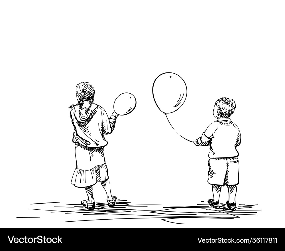 Kinder mit Ballons Rückansicht von Mädchen zwei Kinder mit Ballons Rückansicht von Mädchen zwei vektorbild