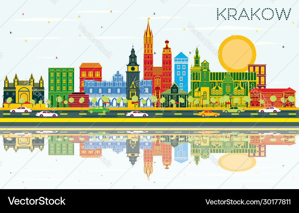 Krakow Poland Stadt Skyline mit Farbbauten Krakow Poland Stadt Skyline mit Farbbauten Vektorbild