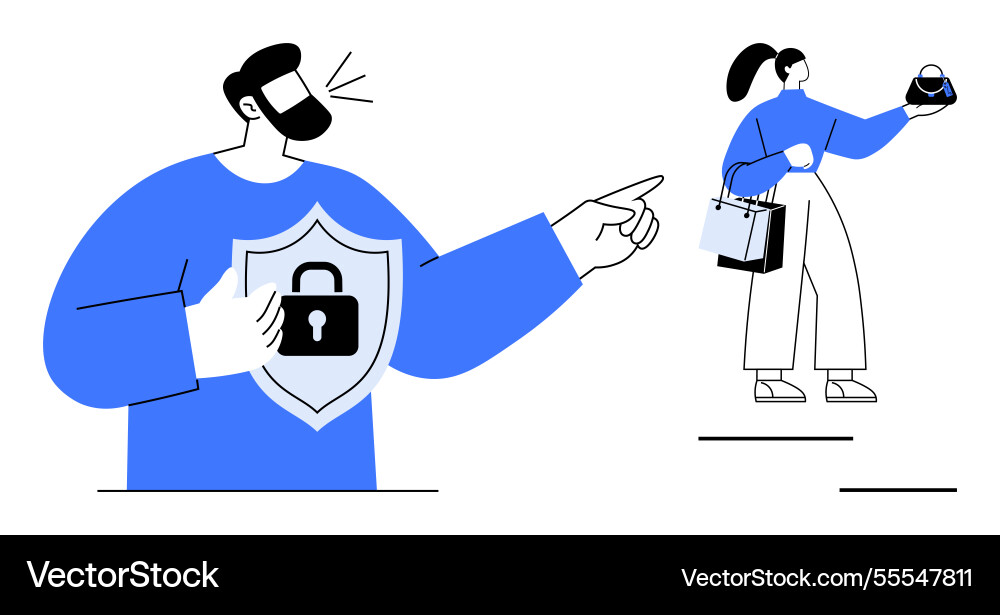 Man holding shield with lock for security pointing Man holding shield with lock for security pointing vector image