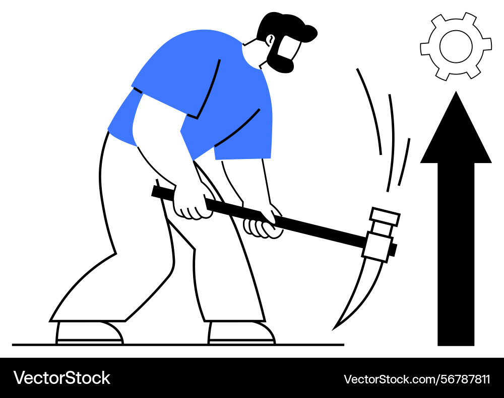 Worker using pickaxe to break ground under upward Worker using pickaxe to break ground under upward vector image