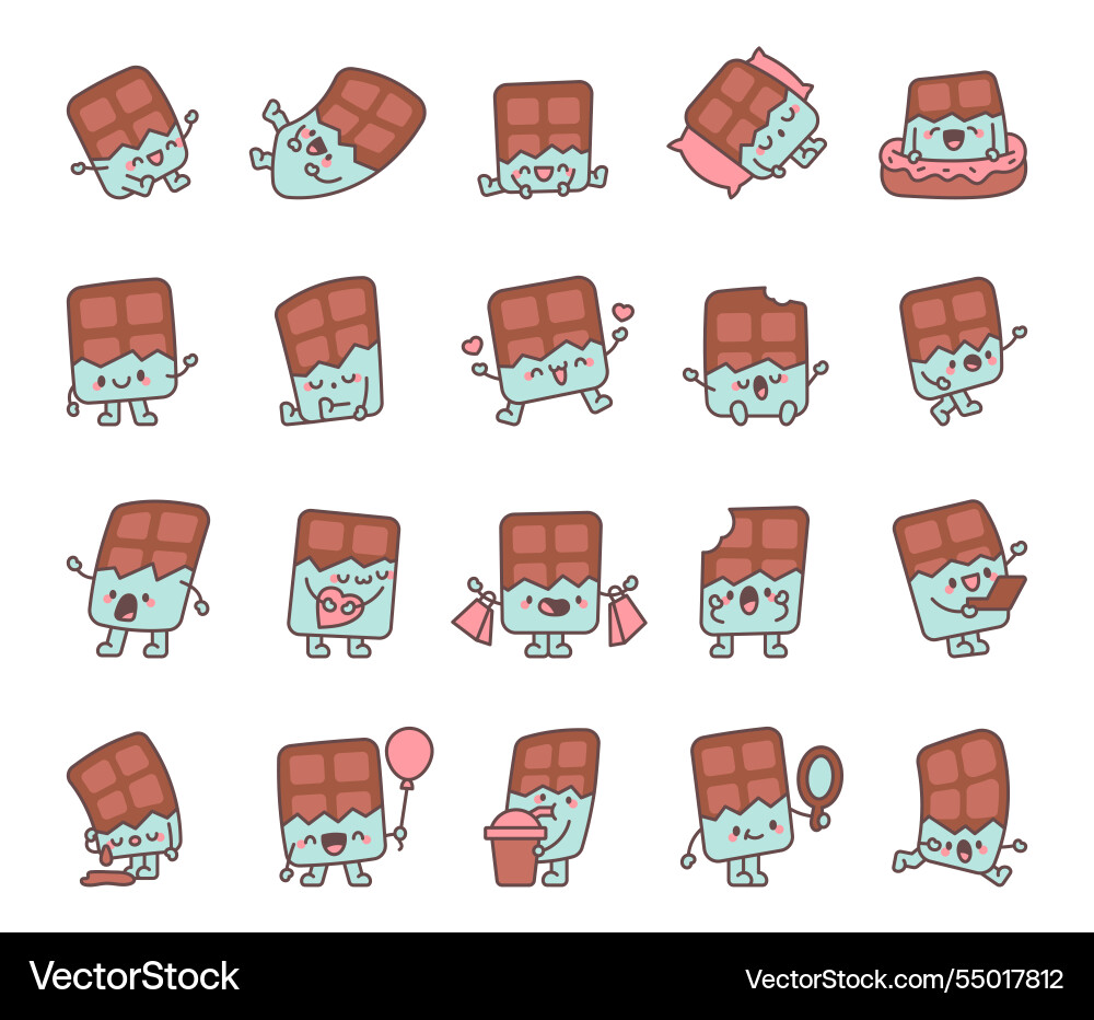 Chocolate bar character set with smiling emotions Chocolate bar character set with smiling emotions Vector Image