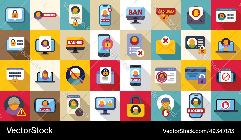 Account blocking icons set flat ban delete Account blocking icons set flat ban delete vector image